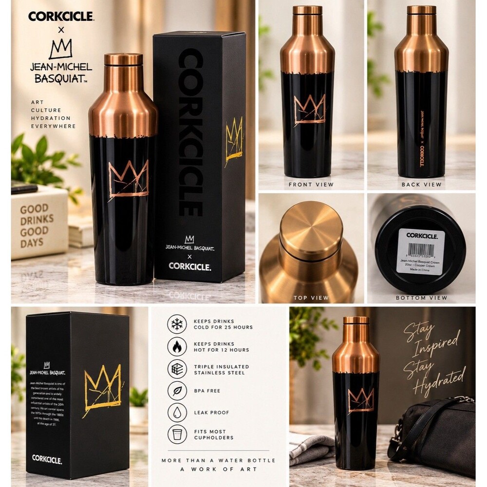 Corkcicle Jean-Michael Basquiat 16 Oz Canteen Copper Crown Insulated Bottle